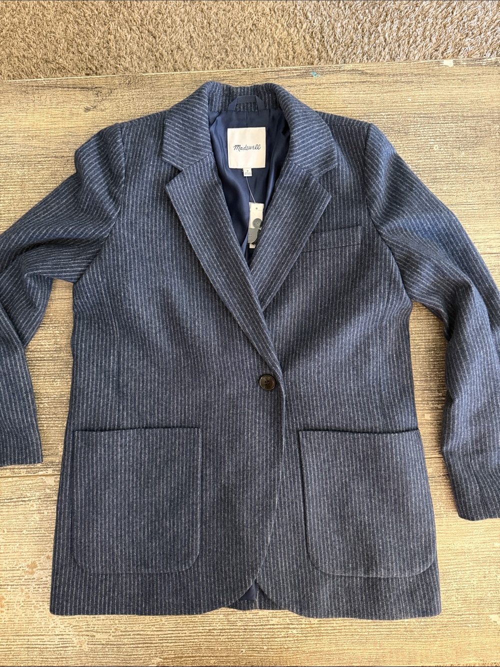 NWT Madewell one button wool blend navy pinstripe blazer